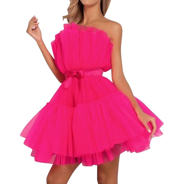 Korte Puffy Prom Kjole til Kvinder, Stropløs Mesh Fødselsdagskjole Rose Red S