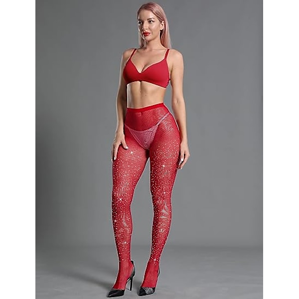 Kvinders Glimmer Rhinestone Fiskenetstrømper Red