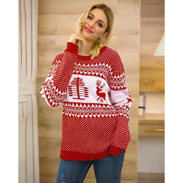 Naisten rento slim fit -neulepaita, ruma joulupaita Red S