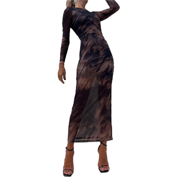 Sexiga långärmade långärmade långa klänningar med printed för kvinnor Black S
