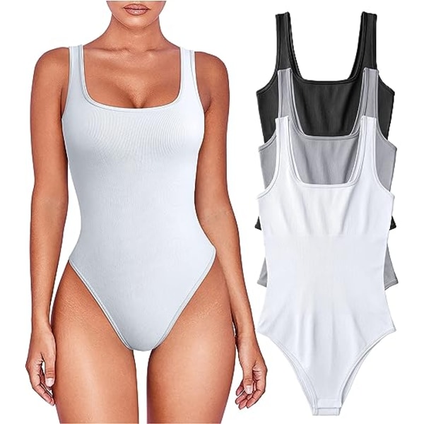 3-pack Dam Bodysuits - Sexig Ribbad En-dels Sleeveless Tank Top Bodysuits Black Grey White M