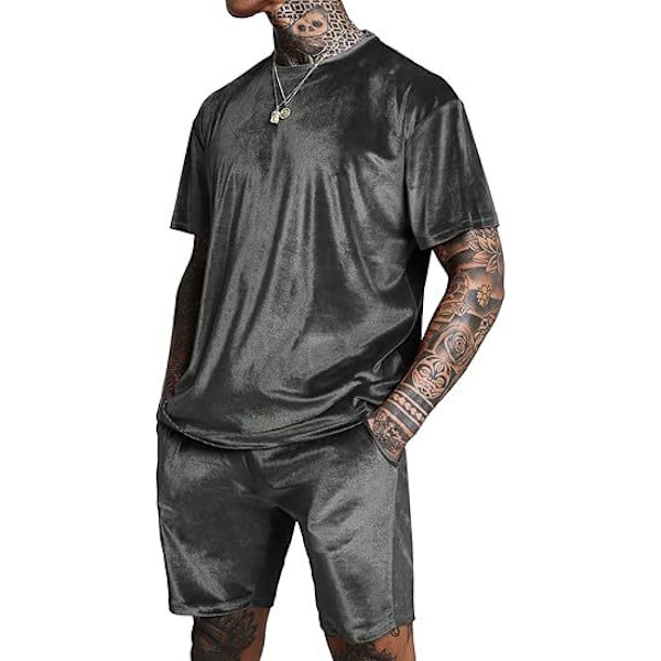 Män Velour Skjorta Pullover Shorts 2-Delad Outfit Spårkostym grey M