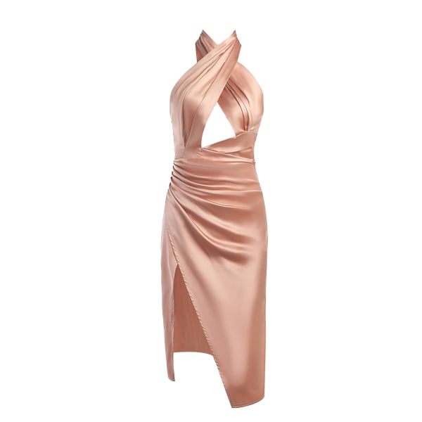 Kvinners Halter Neck Ermeløs Sexy Split Cocktail Party Midi Kjole champagne L