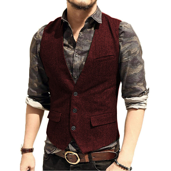 Herrar Herringbone Tweed Ylle Väst Enknäppt Slim Fit Väst Wine Red L