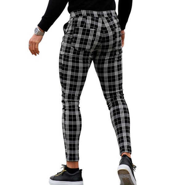 Mænds Chino Bukser Skinny Fit Plaid Stilfulde Casual Business Dress Bukser Black L