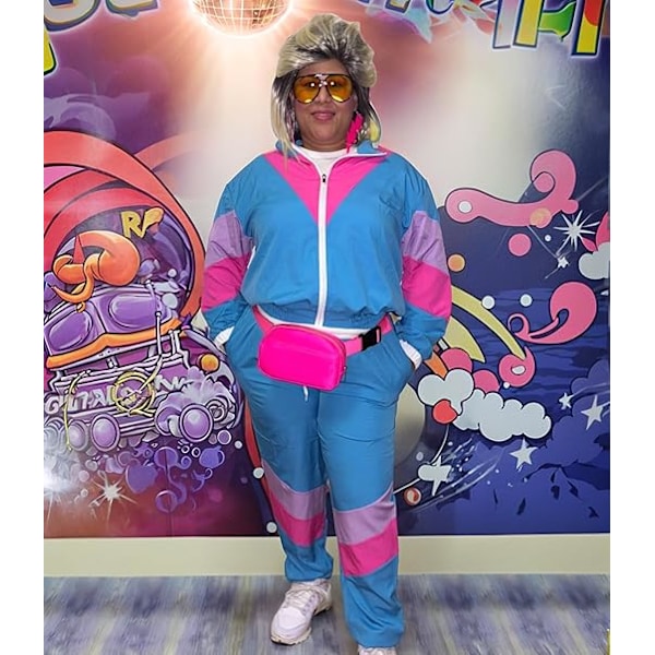 Färgglad 2-delad vindjacka för damer, långärmad crop top med dragkedja fram och träningsset Pink 2XL