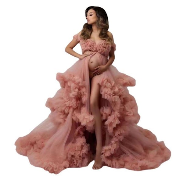 Mammaklänning Lång Underklänning Brudklänning Tyll Nattlinne för Fotografering Pink L