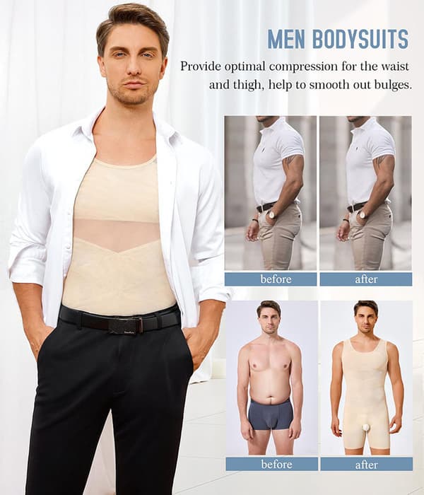 Formande underkläder för män, magkontroll, kroppsstrumpa, ärmlös kompressionströja Beige 3XL