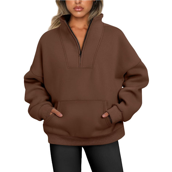 Dame Halv Zip Sweatshirt Casual Langærmet Stående Krave Trøje COFFEE 2XL