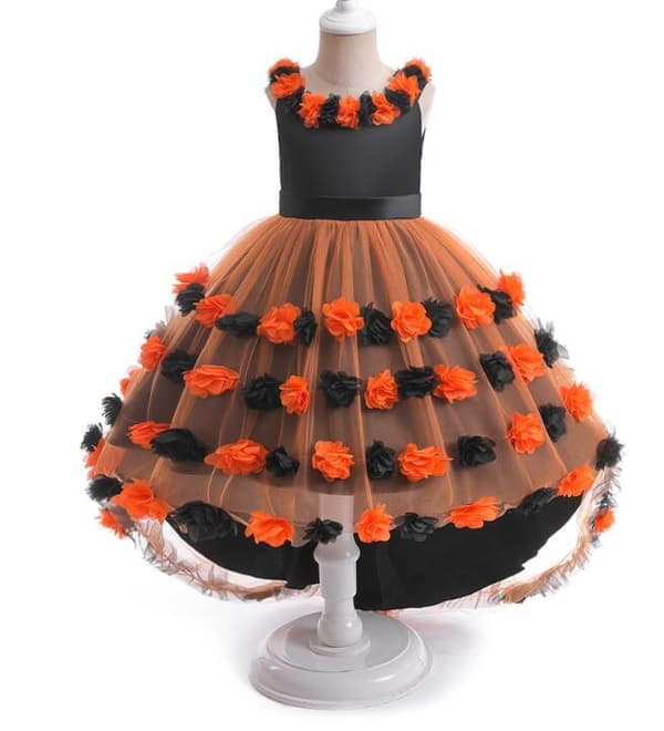 Piges Blomstret Kage-Mesh-Skørt med Slæb Orange 110CM