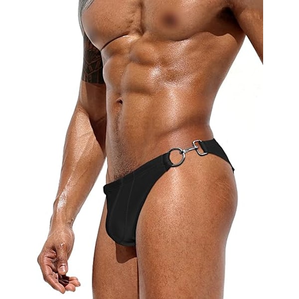 Mäns Sexiga Badbyxor Bikini Briefs Glansiga Metalliska T-String med Höfttäckning Black L