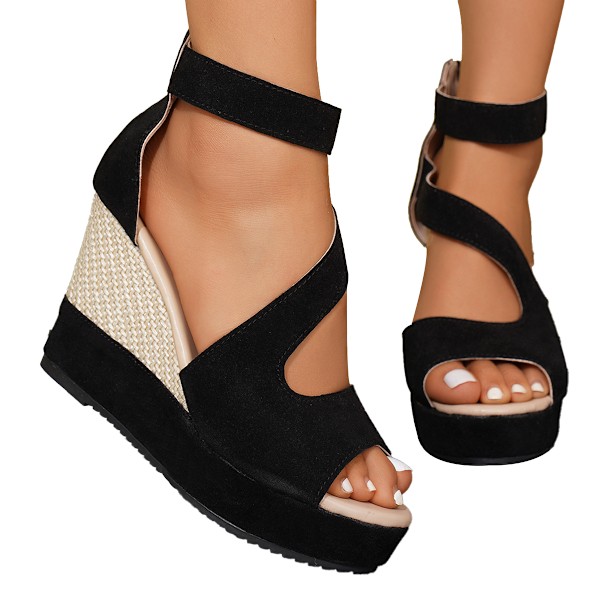Dame Platform Sandaler Kilehæl Åben Tå Ankelrem Sko black 37