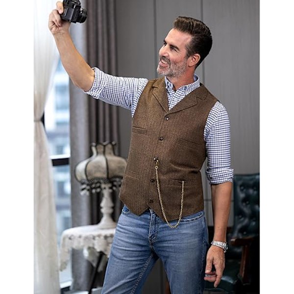Herringbone tweed väst för män, retro V-ringad ull väst för bal Grey L