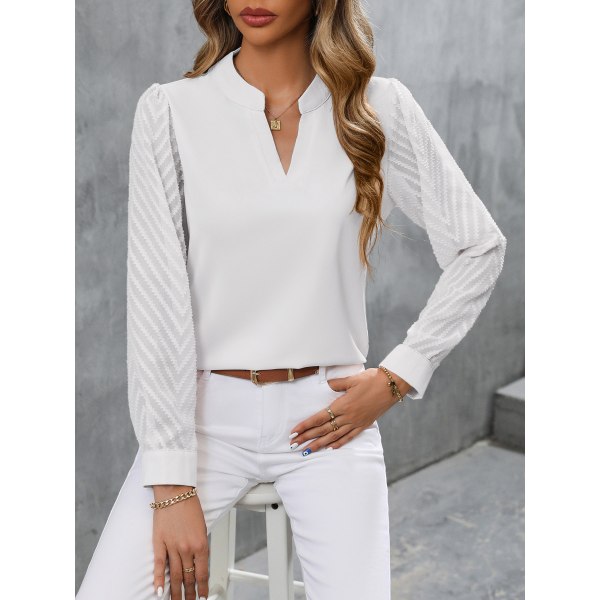 Kvinner Chiffon Bluser med Lange Ermer V-Hals Casual Skjorter White XL