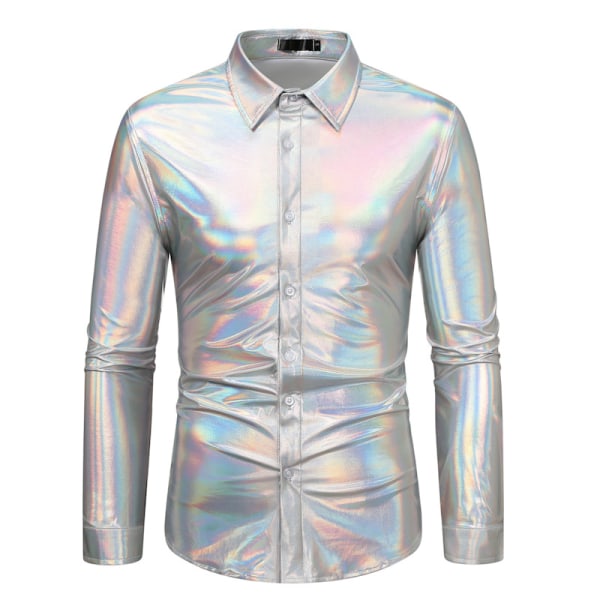 Metallic Disco Shiny Slim Fit Långärmad Button Down nattklubbskjortor för män Sliver M