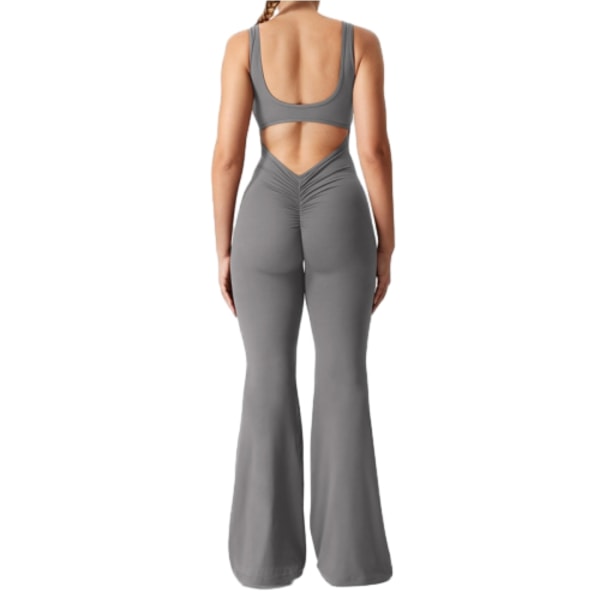 Treningsjumpsuit for kvinner, sexy, uten rygg, kroppsnær, med rumpeheving, yoga-romper grey S