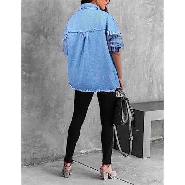 Avslappnad Denimjacka med fransar för kvinnor Light Blue M