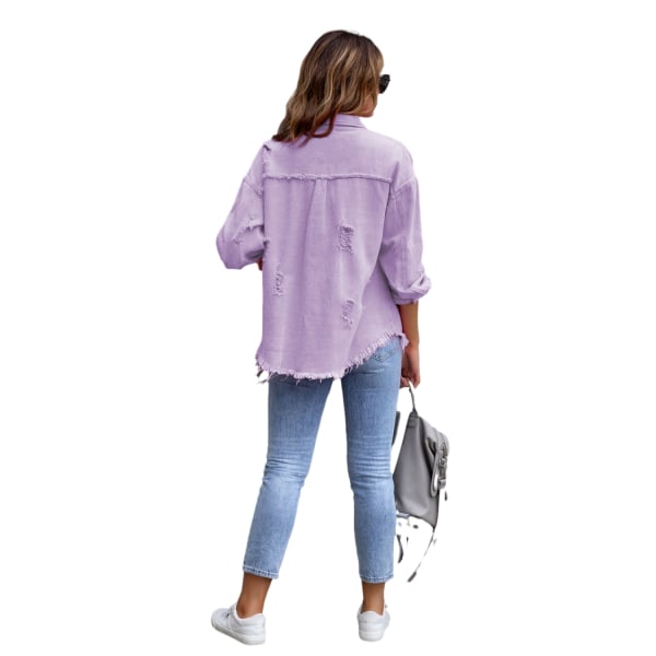 Kvinnors långärmad jeansjacka med rippad casual lapeljacka Purple M