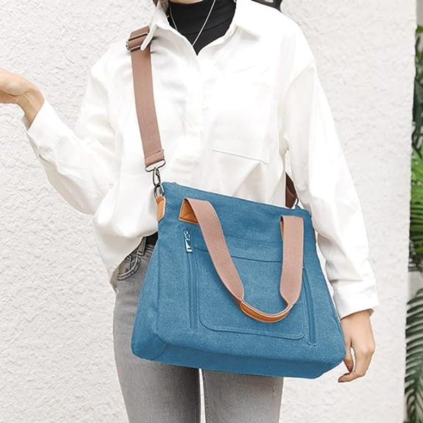 Kvinnors Canvas Tote Portmonnä Work Shoulder Crossbody Bag Blue