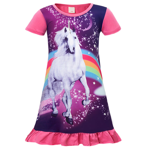 Mode Summer Unicorn Girls Dress Kortärmad Nattlinne Pink 140cm