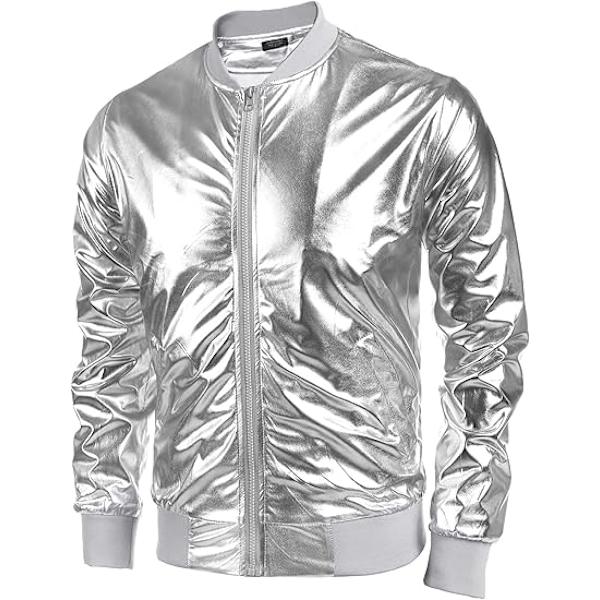 Mænds Metallic Jakke 70'er Disco Julefest Varsity Jakke Silver M