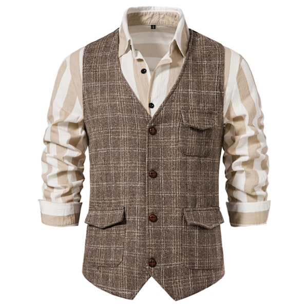 Herrevest for Bryllup Rutete Myk Ull Tweed Vest khaki L