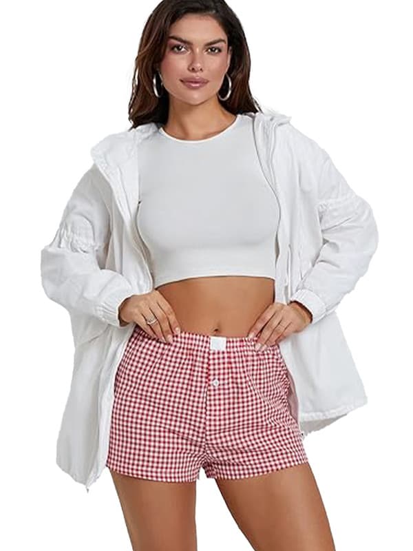 Dame Lounge Shorts Bløde Elastiske Lavtaljede Ternet Print Pyjamas Shorts Blue S