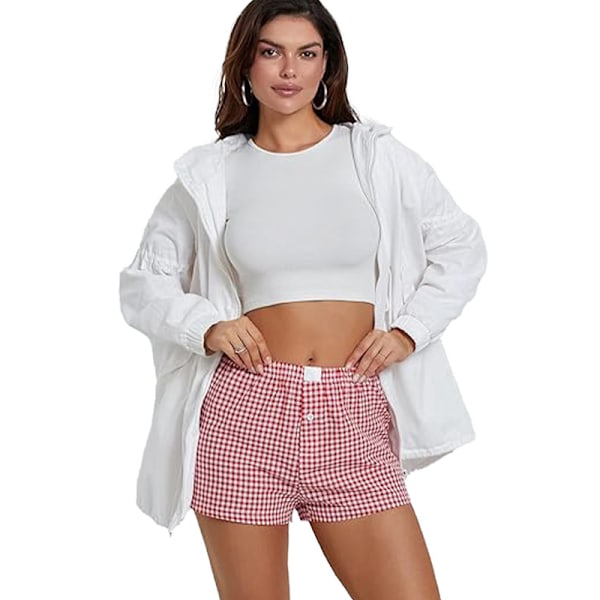 Mjuka, elastiska damshorts med låg midja och rutigt tryck Green XL