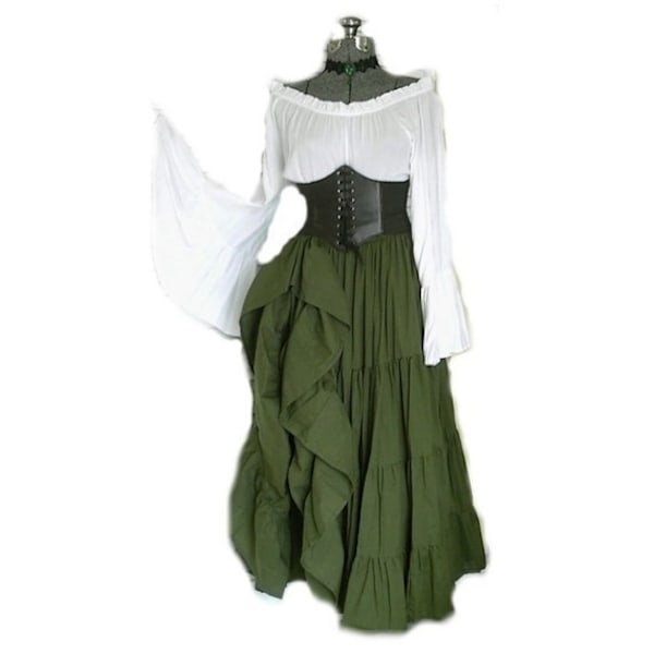 Kvinders Renaissance Middelalder Kostume Flare Ærme Korset Skørt Overskørt Fancy Dress Green 2XL