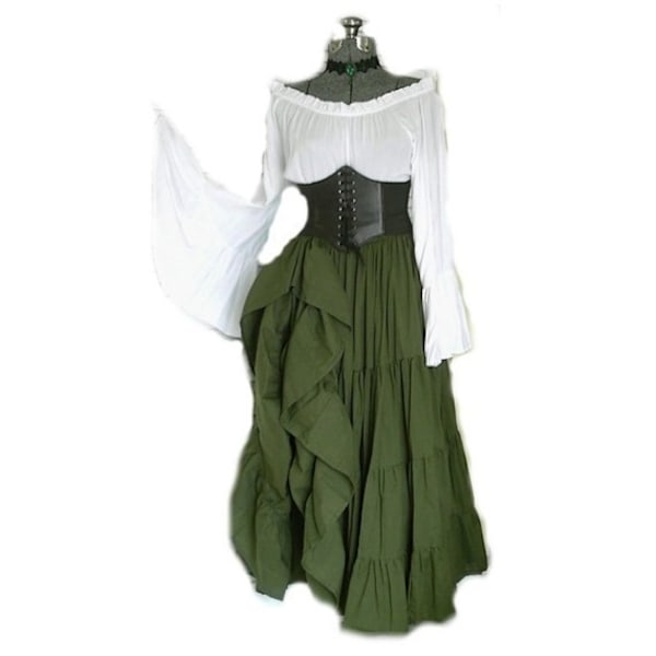 Kvinders Renaissance Middelalder Kostume Flare Ærme Korset Skørt Overskørt Fancy Dress Green S