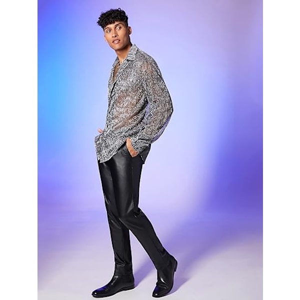 Menn's Gjennomsiktig Mesh Glitter Knapp-Front Langærmet Skjorte Topper M