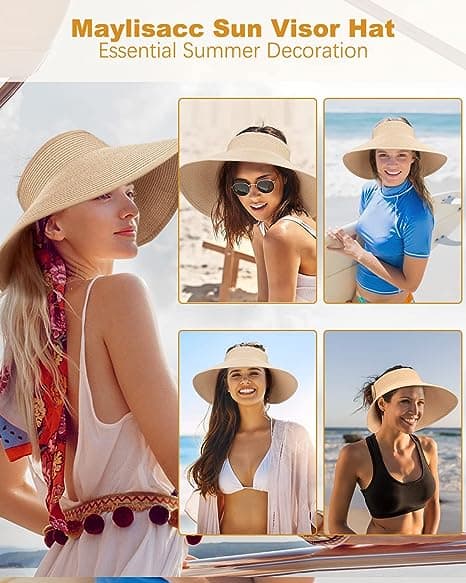 Kvinnors Vikbara Halm Solskydd med Bred Brätte Strandhattar Beige