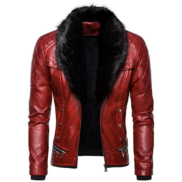 Herrar Zippade Avtagbar Pälskrage Jacka, Läder Vintage Steam Punk Retro Rockjacka Red M