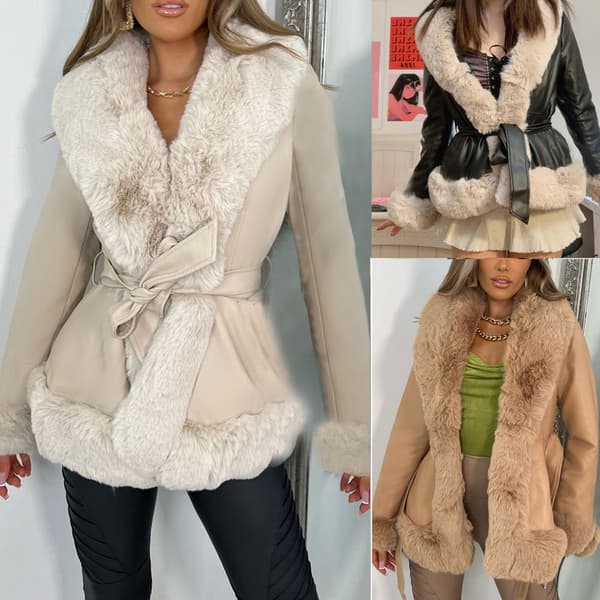 Kvinnlig konstläderjacka med konstpälskrage Beige L