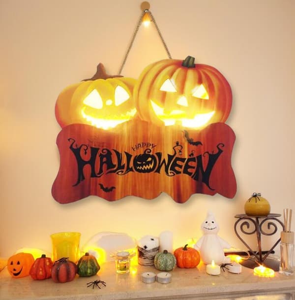 Halloween Pumpa Dörrskylt Med LED-Ljus 30*25*1.5CM