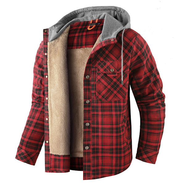 Mænds Flanneljakke Løstsiddende Plaid Sherpaforet Flannelskjorte Trykknapper Varme Vinterjakker Lommer Red XL