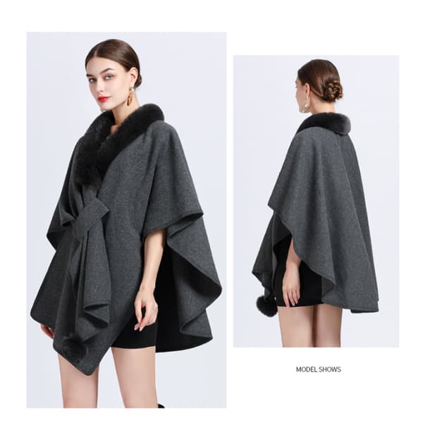 Faux Fur Trim Cardigan Kappe Sjal til Efterår Vinter Grey