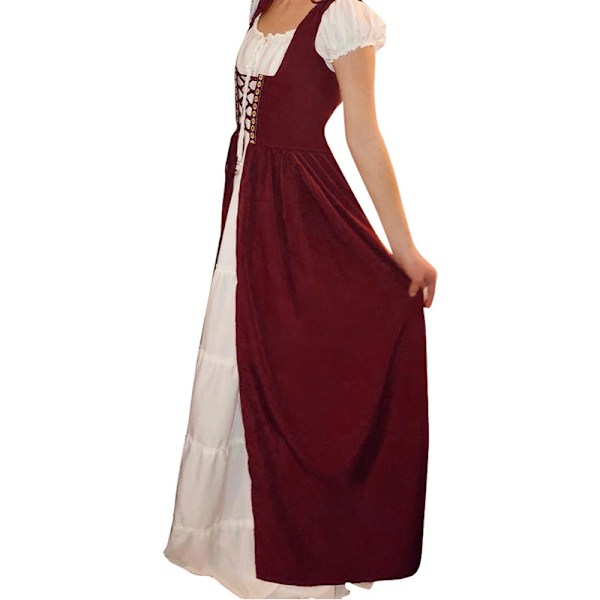 Medeltida Damkostym Renässans Spets Kostym Cosplay Överklänning Wine Red L/XL