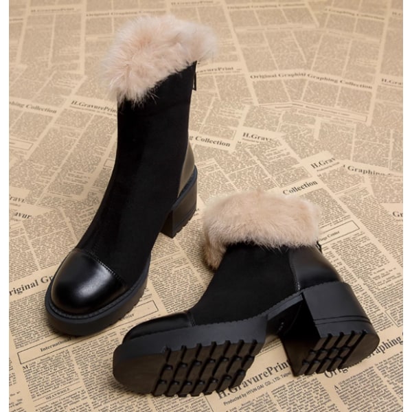 Chunky Sole damskor med Chelsea Boot Fur Boots Black 35