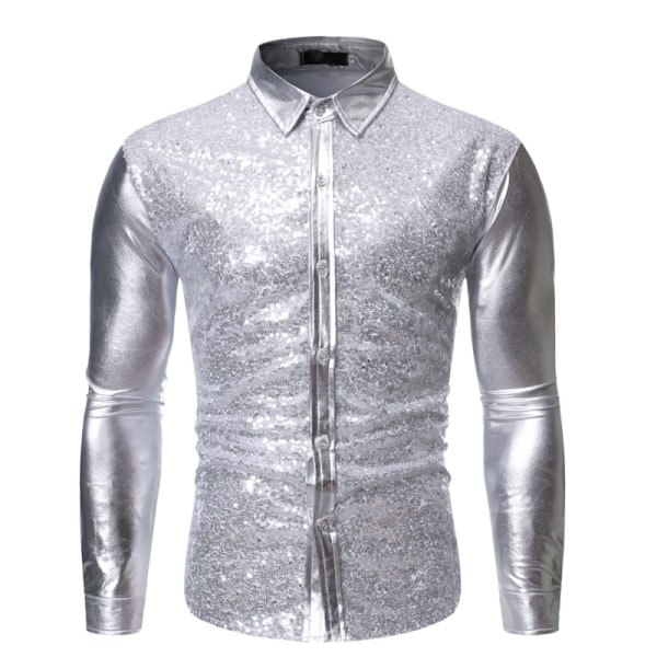 Herrar Sekvens Långärmad Skjorta Metallic 65-tal Skjorta Knapp-Ner Skjortor Silver L