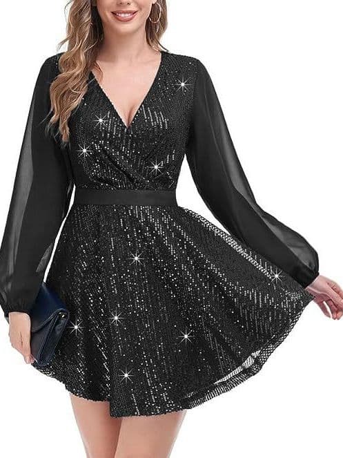 Sexy V-hals Mini Sequin Kjole til Kvinder Black XL