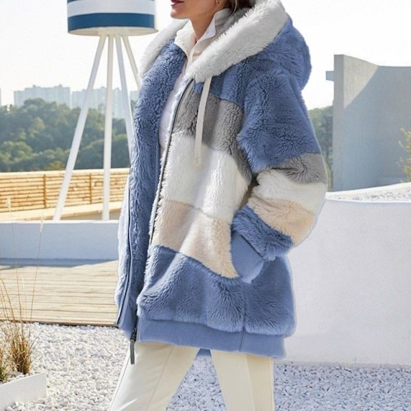 Damjacka med huva i fluffigt fleece, vinterjacka, cardigan, ytterkläder Blue XL