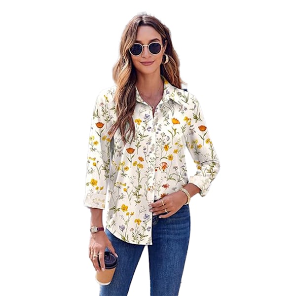 Dam Skjortor med Knappar Blommig Tryck Långärmad Vardaglig Topp Yellow XL