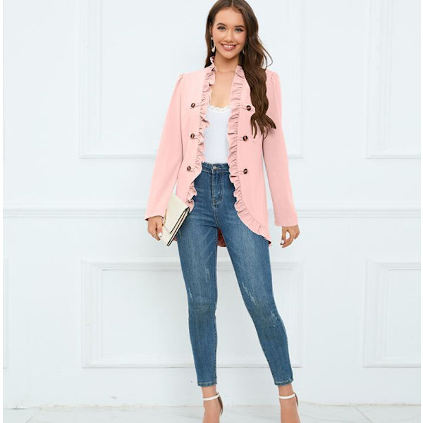 Kvinners Ruffled Lapel Knappelukking Jakke Pink M