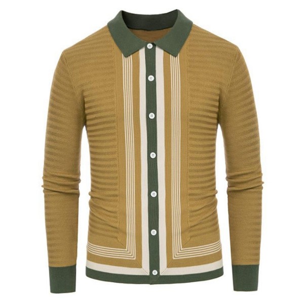 Mænds Casual Stribet Langærmet Skjorte Polo Shirts Yellow XL
