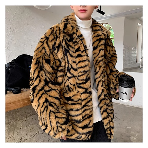 Mænds Vinter Kunstpelsjakke Tiger Print Oversize Yderbeklædning Yellow M