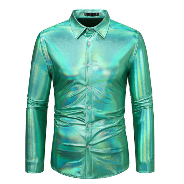 Menn's Metallic Disco Skinnende Slim Fit Langærmet Knapp-Ned Nattklubb Skjorter Green L