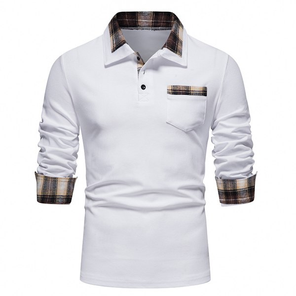Mænds Langærmet Plaid Patchwork Lapel Casual Skjorte White M