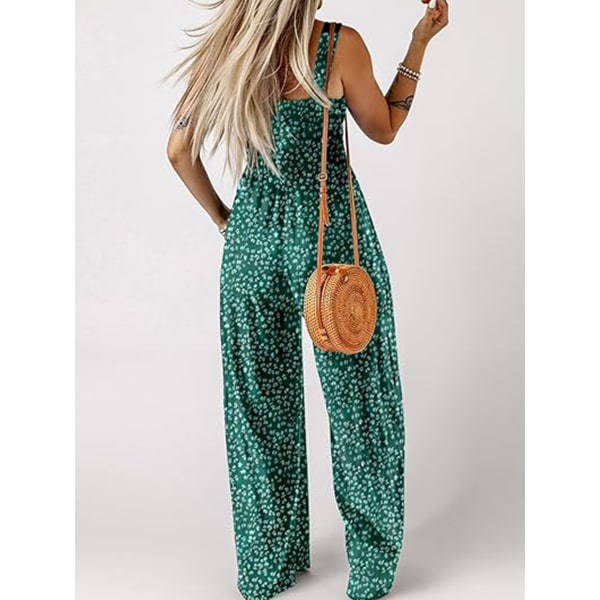 Dam Casual Loose Overalls Jumpsuits One Piece Sleeveless Printed Wide Leg Pant green S