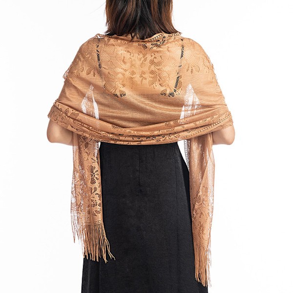 Blomstret blonde tørklæde sjal til kvinder med kvaster, bløde mesh frynse wraps til bryllups aftenkjoler camel